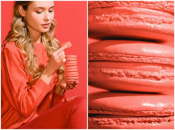 Collage Sweet Macaroons Fashionable Blonde Woman Living Coral Pantone Color — Stock Photo, Image
