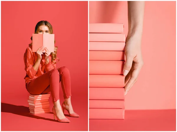 Collage Con Mujer Joven Libros Coral Vivos Pantone Color Del — Foto de Stock