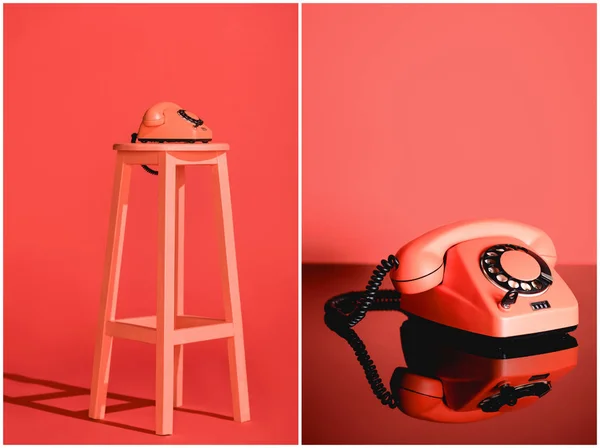 Collage Living Coral Vintage Rotary Phone Stool Pantone Color Year — Stock Photo, Image