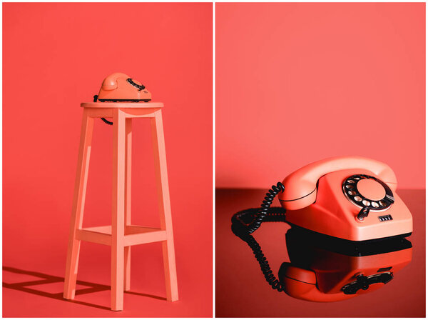 collage with Living coral vintage rotary phone on stool. Pantone color of the year 2019 concept