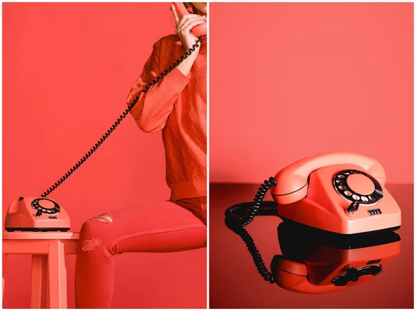 Collage Met Stijlvolle Meisje Retro Telefoon Levende Koraal Achtergrond — Stockfoto