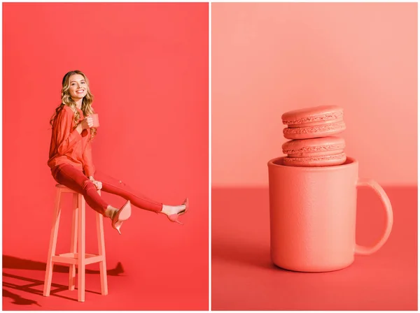 Collage Macaroons Cup Smiling Girl Coffee Living Coral Pantone Color — Stock Photo, Image