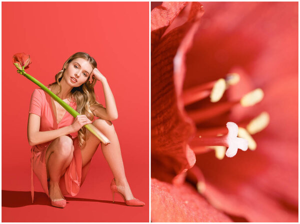 collage with red amaryllis and beautiful woman with flower on living coral. Pantone color of the year 2019 concept