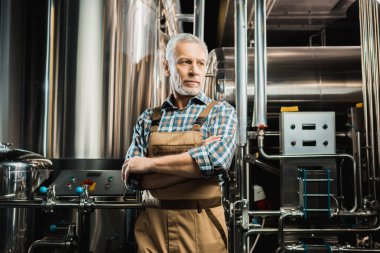 yakışıklı brewer çapraz kollarında: iş yarı tulumlar içinde bira fabrikası ile poz