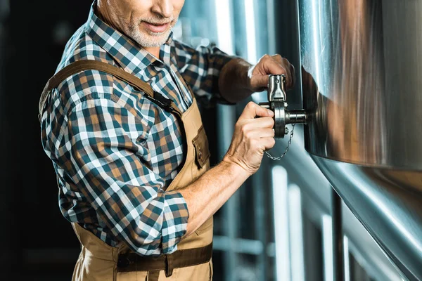 Oříznutý Pohled Starší Mužské Brewer Spolupracujícímu Společností Pivovar Zařízení — Stock fotografie