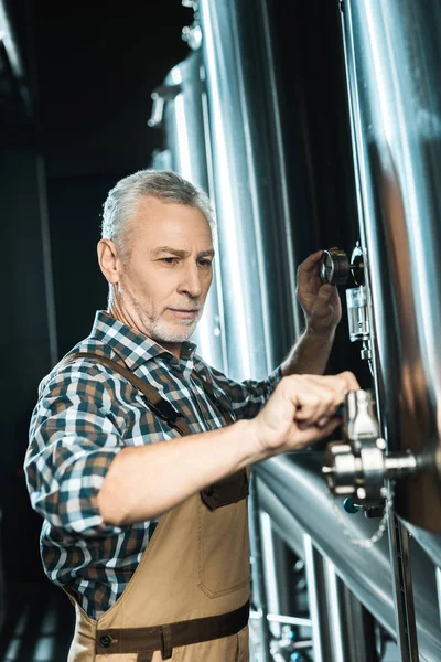 Cervejeiro Macho Sênior Bonito Que Trabalha Com Equipamento Cervejaria — Fotografia de Stock