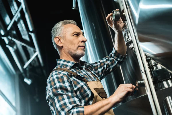 Cervejeiro Sênior Profissional Que Trabalha Com Equipamentos Cervejaria — Fotografia de Stock