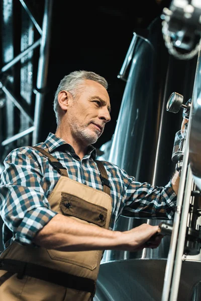专业男性酿酒师 使用啤酒厂设备 — 图库照片