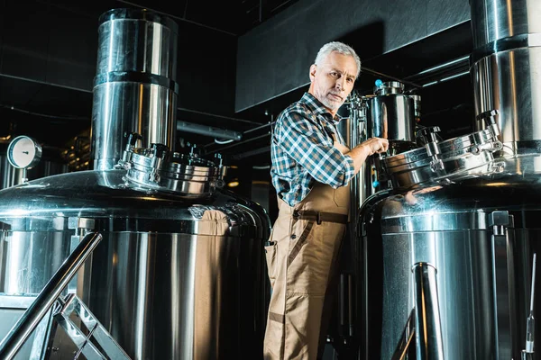 Professional Male Brewer Overalls Working Brewery — Stock Photo, Image