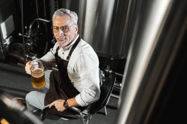 bardak bira bira fabrikasında tutan önlük gülümseyen kıdemli brewer havai görünümü