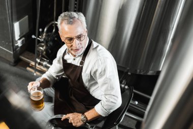 sandalyede oturan ve bardak bira bira fabrikasında tutan önlük üst düzey brewer havai görünümü