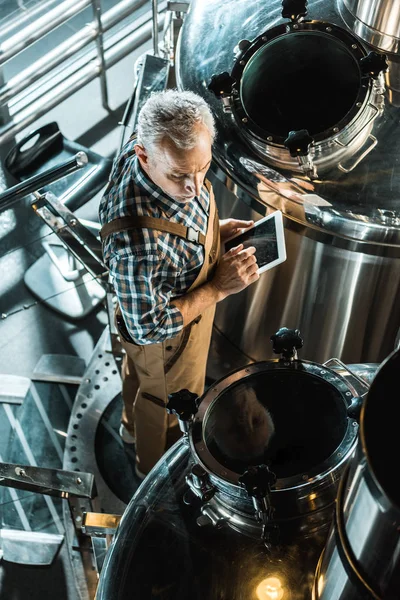 Visão Aérea Proprietário Masculino Usando Tablet Digital Perto Equipamentos Cervejaria — Fotografia de Stock