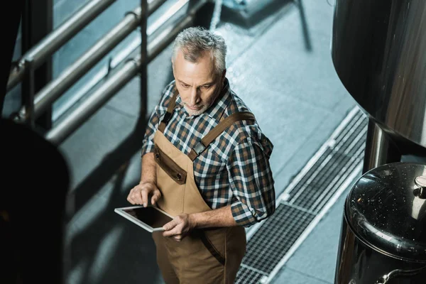 Vue Aérienne Brasseur Senior Combinaisons Travail Aide Une Tablette Numérique — Photo