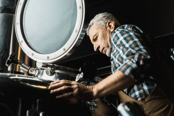 Manliga Brewer Med Grått Hår Arbetande Overaller Kontroll Bryggeri Utrustning — Stockfoto