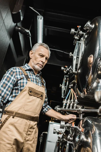 Cervejeiro Bonito Profissional Que Trabalha Com Equipamento Cervejaria — Fotografia de Stock