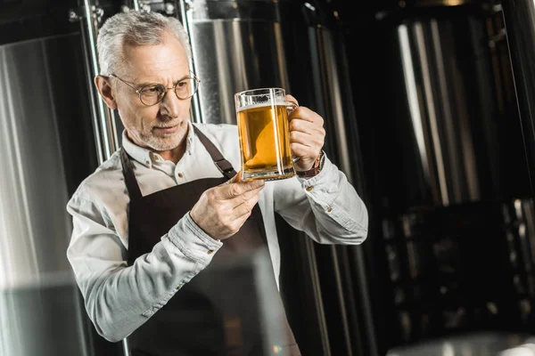 Guapo Cervecero Senior Examinando Cerveza Vidrio Cervecería — Foto de Stock