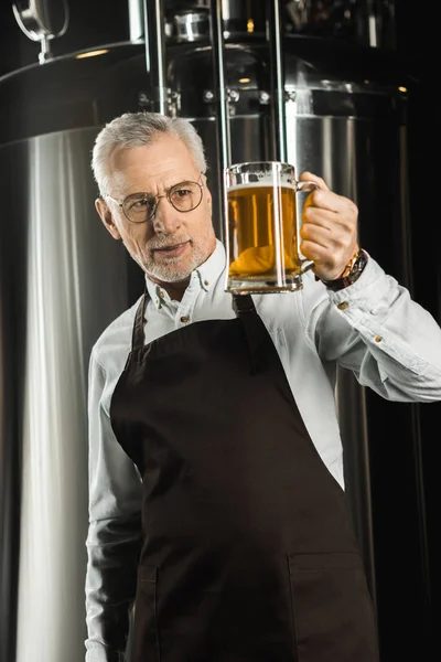 Profi Brauer Schaut Auf Glas Bier Brauerei — Stockfoto