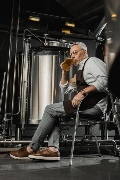 Braumeister Schürze Sitzt Auf Stuhl Und Testet Bier Brauerei — Stockfoto