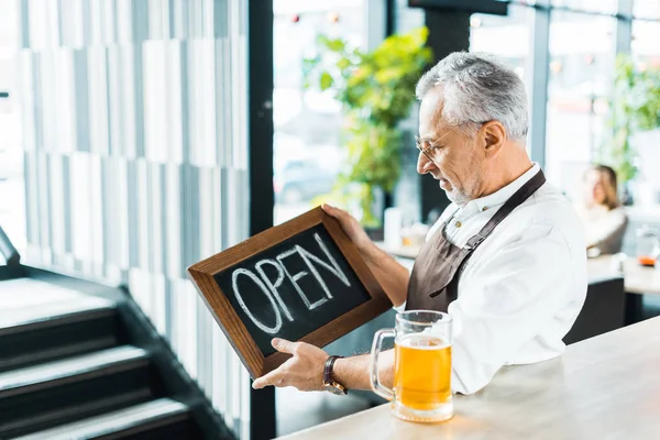 Senior Male Owner Pub Holding Open Sign Standing Bar Counter — Stock Photo, Image