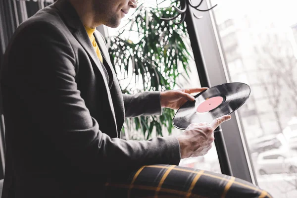 Cropped View Man Holding Vinyl Record Hands — Stock Photo, Image