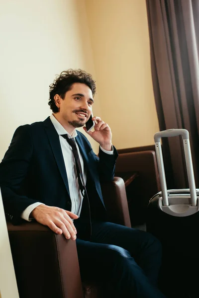 Businessman Talking Smartphone Hotel Room Suitcase — Stock Photo, Image