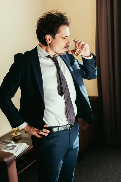 Handsome Businessman Drinking Whiskey Glass Hotel Room — Stock Photo, Image