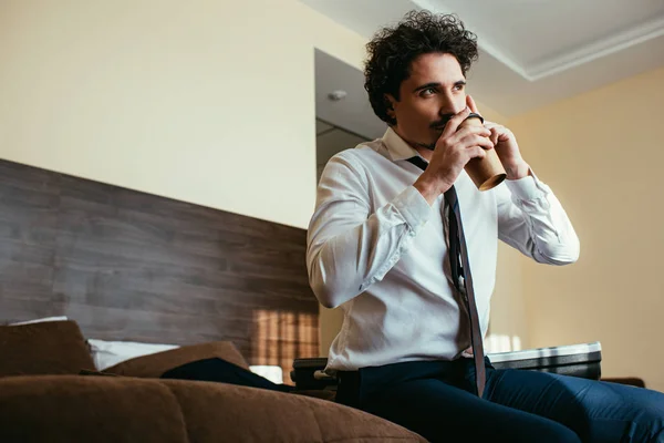 Businessman Talking Smartphone Drinking Coffee Hotel Room — Stock Photo, Image