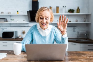 el sallayarak, dizüstü bilgisayar kullanarak ve mutfakta görüntülü sohbet sahip mutlu kadın kıdemli
