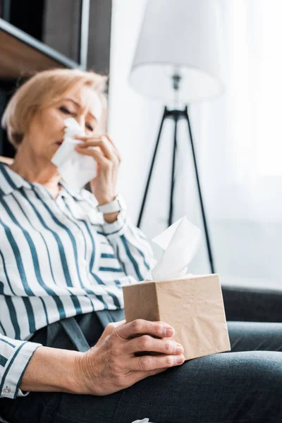 Sick Senior Woman Runny Nose Suffering Cold Holding Tissue Box — Stock Photo, Image