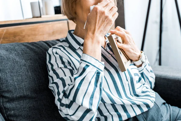 Cropped View Senior Woman Wiping Face Tears Tissue Crying While — Stock Photo, Image