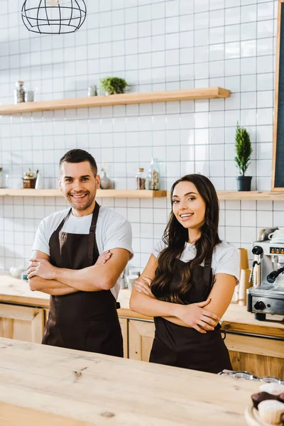 Cashiers Smiling Standing Wooden Bar Counter Coffee House — Stock Photo, Image
