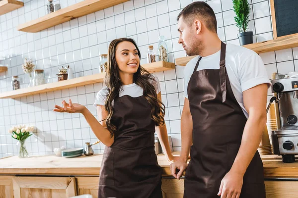 Cashiers Aprons Talking Wooden Bar Counter Coffee House — Stock Photo, Image
