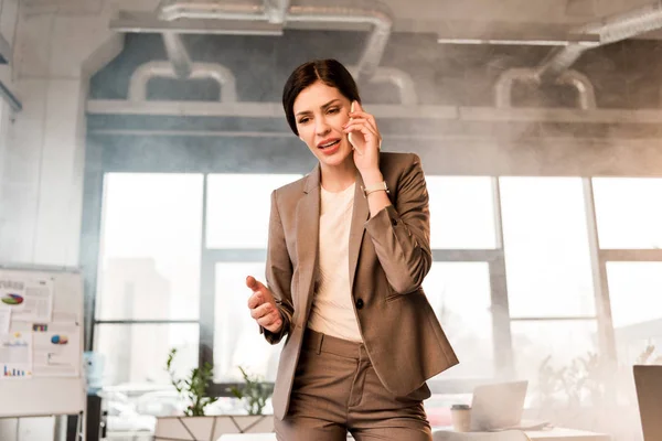 Attractive Businesswoman Talking Smartphone Office Smoke — Stock Photo, Image