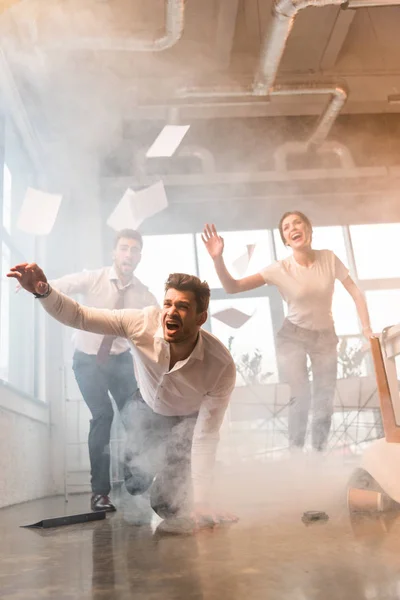 Terrified Businessman Falling Floor While Running Yelling Coworkers Office Smoke — Stock Photo, Image