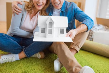 selective focus happy couple holding house model while sitting on green carpet clipart