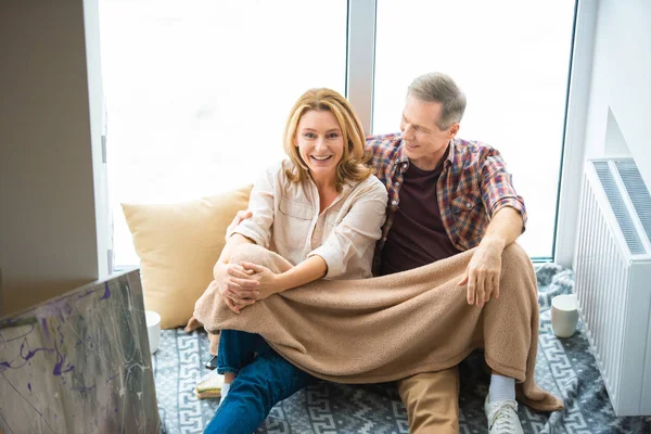 Happy Couple Sitting Floor Large Window New Home — Stock Photo, Image