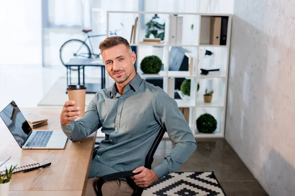 Cheerful Businessman Holding Paper Cup Modern Office — Stock Photo, Image
