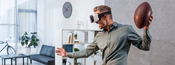 Panoramic Shot Excited Businessman Wearing Virtual Reality Headset Holding American — Stock Photo, Image