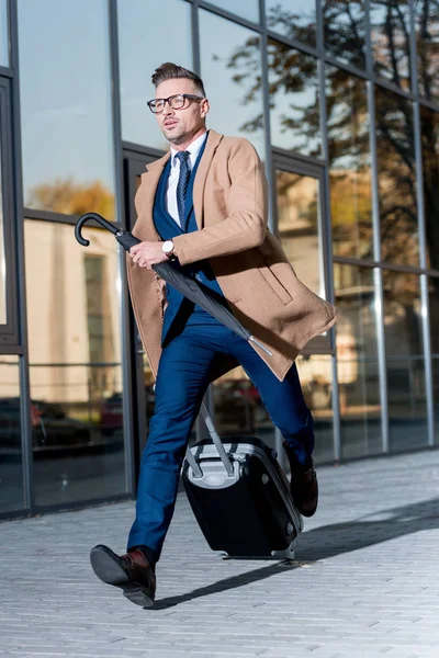 Handsome Businessman Running Suitcase Umbrella Street — Stock Photo, Image