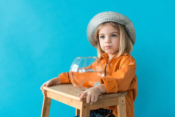 Kid Silver Hat Orange Shirt Holding Aquarium Goldfish Looking Away — Stock Photo, Image