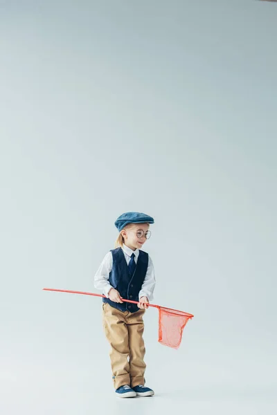 Adorable Blonde Kid Retro Vest Cap Holding Butterfly Net — Stock Photo, Image