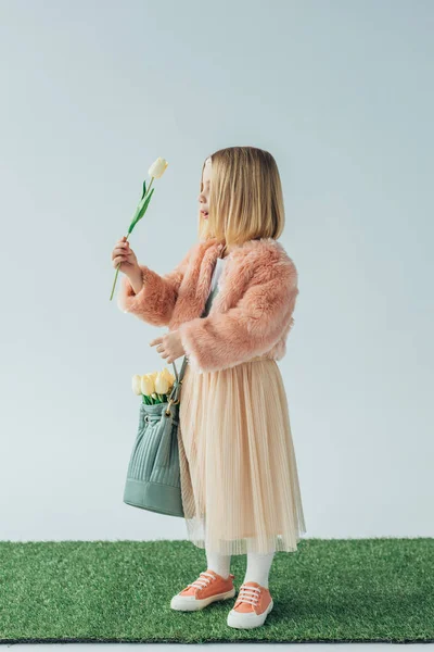 Niño Sorprendido Lindo Con Bolsa Mirando Tulipán Blanco Aislado Gris — Foto de Stock