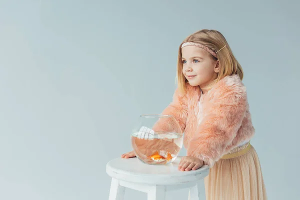 Cute Kid Faux Fur Coat Skirt Fishbowl Looking Away Isolated — Stock Photo, Image