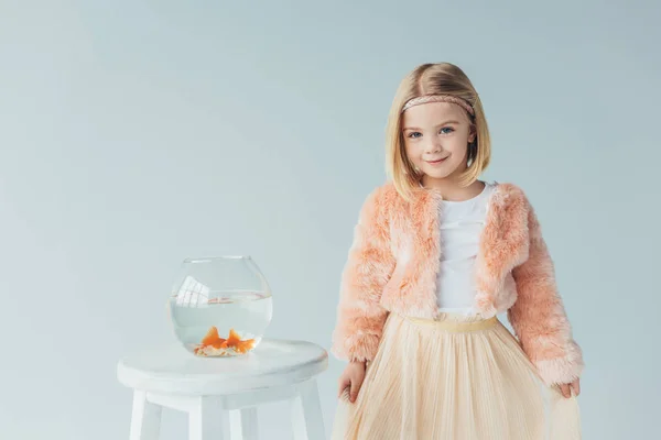 Adorable Kid Faux Fur Coat Skirt Looking Camera Standing Stool — Stock Photo, Image