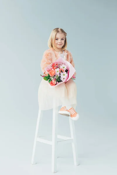 Kid Faux Fur Coat Skirt Sitting Highchair Holding Bouquet Grey — Stock Photo, Image