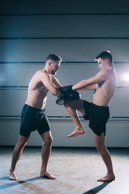 athletic muscular barefoot mma fighter practicing kick with another sportsman during training clipart