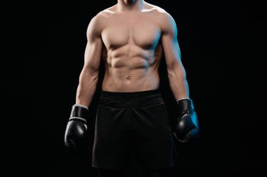 cropped view of muscular shirtless boxer isolated on black clipart