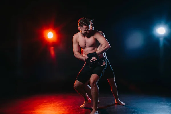 Strong Mma Fighter Doing Clinch Another Sportsman Back — Stock Photo, Image