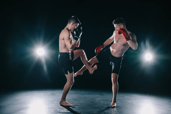 strong mma fighter kicking another sportsman during training