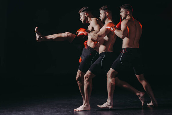 sequence shot of shirtless muscular boxer in boxing gloves doing kick